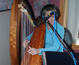 Janine in the recording studio, concentrating